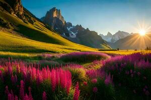 el Dom sube terminado el montañas y flores en el primer plano. generado por ai foto