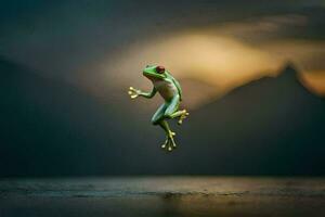 a frog jumping in the air with a sunset in the background. AI-Generated photo