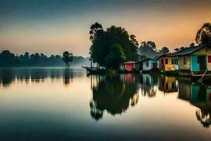 houses on the water at sunrise. AI-Generated photo