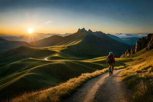 un hombre camina en un camino en el montañas. generado por ai foto