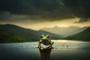 a frog sitting on the road in front of a stormy sky. AI-Generated photo