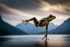 a frog jumping in the air over a lake. AI-Generated photo