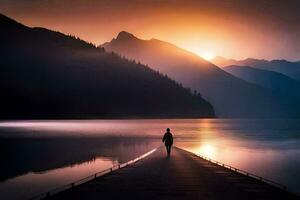 un persona caminando en un muelle en frente de un montaña lago. generado por ai foto