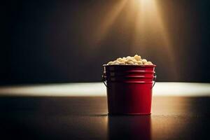 a bucket of popcorn on a table in front of a light. AI-Generated photo