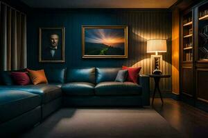 a dark room with a leather couch and a painting. AI-Generated photo