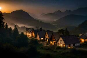 photo wallpaper the sky, mountains, fog, the sun, the mountains, houses, the village. AI-Generated