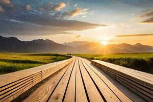 a wooden boardwalk leads to the mountains at sunset. AI-Generated photo