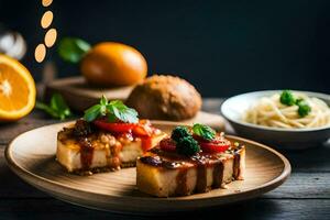 un plato con dos rebanadas de tarta de queso y un cuenco de espaguetis. generado por ai foto