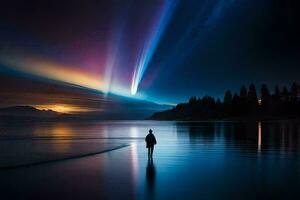 un hombre en pie en el playa mirando a el cielo. generado por ai foto