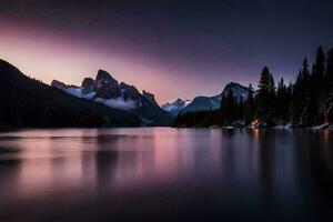 un lago en el montañas a puesta de sol. generado por ai foto