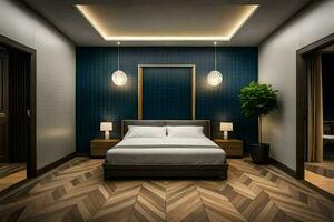 a bedroom with blue walls and wood floors. AI-Generated photo