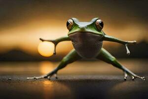 a frog is standing on its hind legs with its arms outstretched. AI-Generated photo