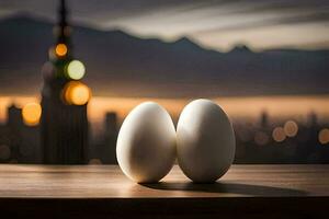 two eggs on a table with a city in the background. AI-Generated photo