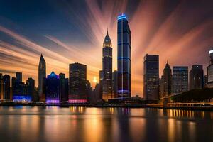 el ciudad horizonte a puesta de sol en hong Kong generado por ai foto