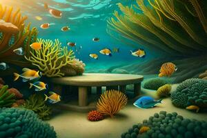 an underwater scene with a bench and coral reefs. AI-Generated photo