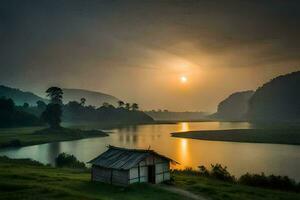 a small hut sits on the edge of a lake at sunset. AI-Generated photo