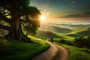 a man walks down a dirt road in the middle of a green field. AI-Generated photo