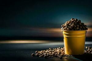 a bucket of coffee beans on a table. AI-Generated photo