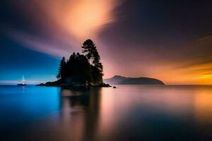 un solitario árbol en el apuntalar de un lago a puesta de sol. generado por ai foto