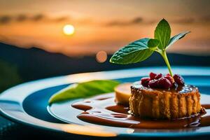 a dessert on a plate with a sunset in the background. AI-Generated photo