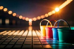 colorful buckets on a table with lights in the background. AI-Generated photo