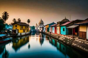 colorful houses line the waterway in a canal. AI-Generated photo