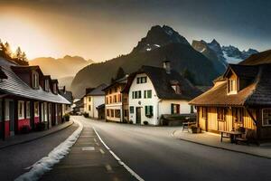 foto fondo de pantalla el cielo, montañas, camino, casas, el Alpes, Suiza, el. generado por ai