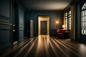 un oscuro habitación con un rojo silla y un puerta. generado por ai foto