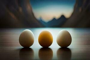 three eggs are standing in front of a mountain. AI-Generated photo