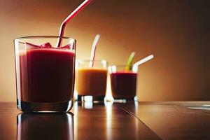 Tres lentes de jugo con pajitas en un mesa. generado por ai foto