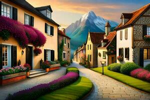 a painting of a street in a village with flowers and mountains. AI-Generated photo