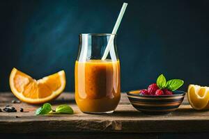 a glass of orange juice with a straw and raspberries. AI-Generated photo