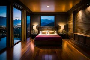 a bedroom with a view of the mountains at night. AI-Generated photo