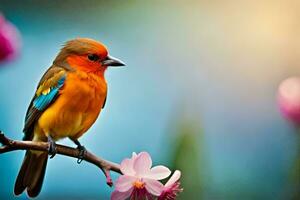 a colorful bird sits on a branch with pink flowers. AI-Generated photo