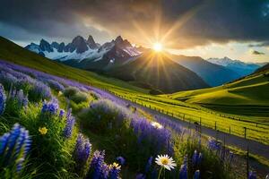 the sun rises over the mountains and flowers in the foreground. AI-Generated photo