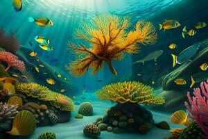 an underwater scene with coral reefs and fish. AI-Generated photo