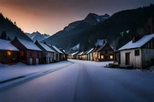 a snowy road in the mountains with houses. AI-Generated photo