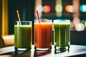 three different types of juices sit on a table. AI-Generated photo