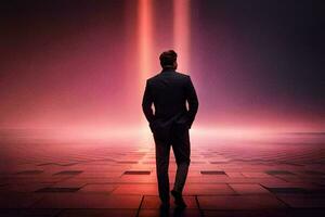 a man in a suit standing in front of a red light. AI-Generated photo