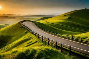 el la carretera a el puesta de sol. generado por ai foto