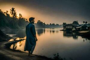 un hombre en pie por el agua a puesta de sol. generado por ai foto