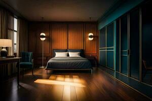 a bedroom with wooden paneling and a bed. AI-Generated photo