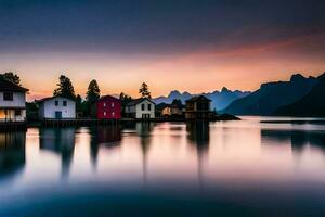 foto fondo de pantalla el cielo, montañas, agua, casas, lago, montañas, lago distrito, lago. generado por ai