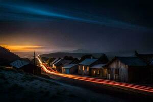 a long exposure photograph of a town at sunset. AI-Generated photo