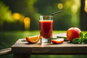 un vaso de jugo con un naranja rebanada en un mesa. generado por ai foto