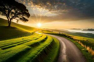 a road winding through a green field at sunset. AI-Generated photo