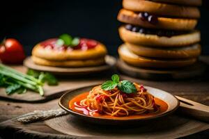 spaghetti with tomato sauce and bread on a wooden table. AI-Generated photo
