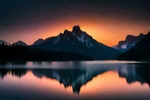 el Dom conjuntos terminado montañas y un lago. generado por ai foto