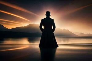 a man in a top hat stands in the water at sunset. AI-Generated photo