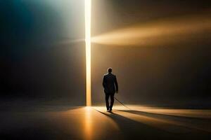 un hombre en un traje camina mediante un iluminado túnel. generado por ai foto